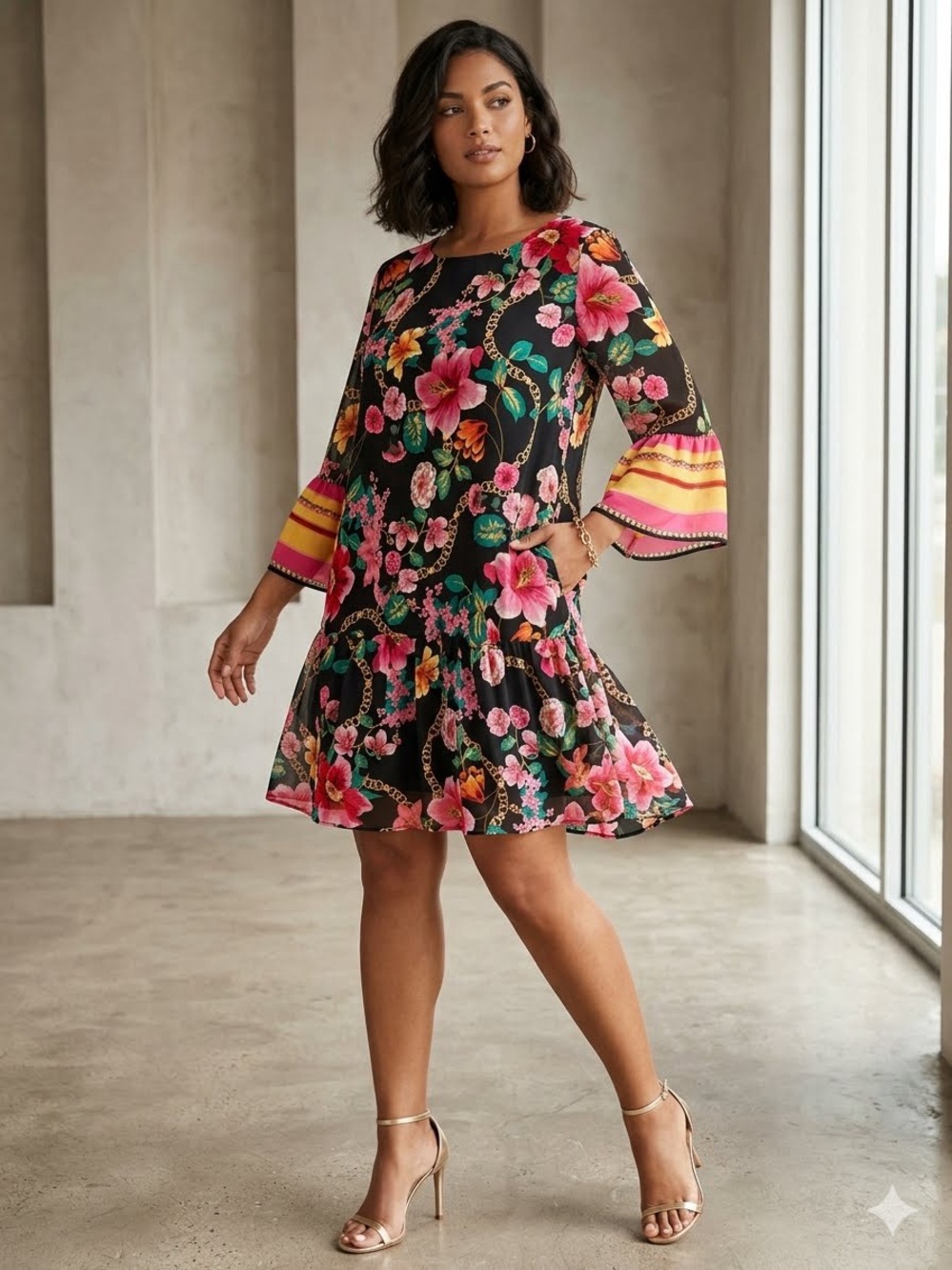 NWOT -Nicole Miller Studio Boho  floral bell sleeve dress